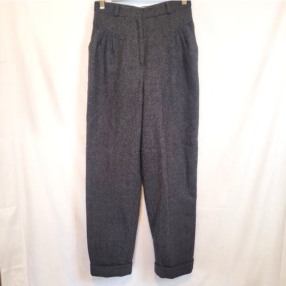Calitessa Italy Wool Herringbone Pleated Cuffed Pants Gray Juniors Sz 7 Vintage - Picture 1 of 9